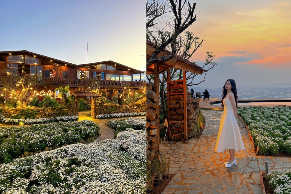 Quán bố trí nhiều tiểu cảnh, nổi bật là vườn hoa cúc trắng và view núi non hữu tình, thơ mộng 